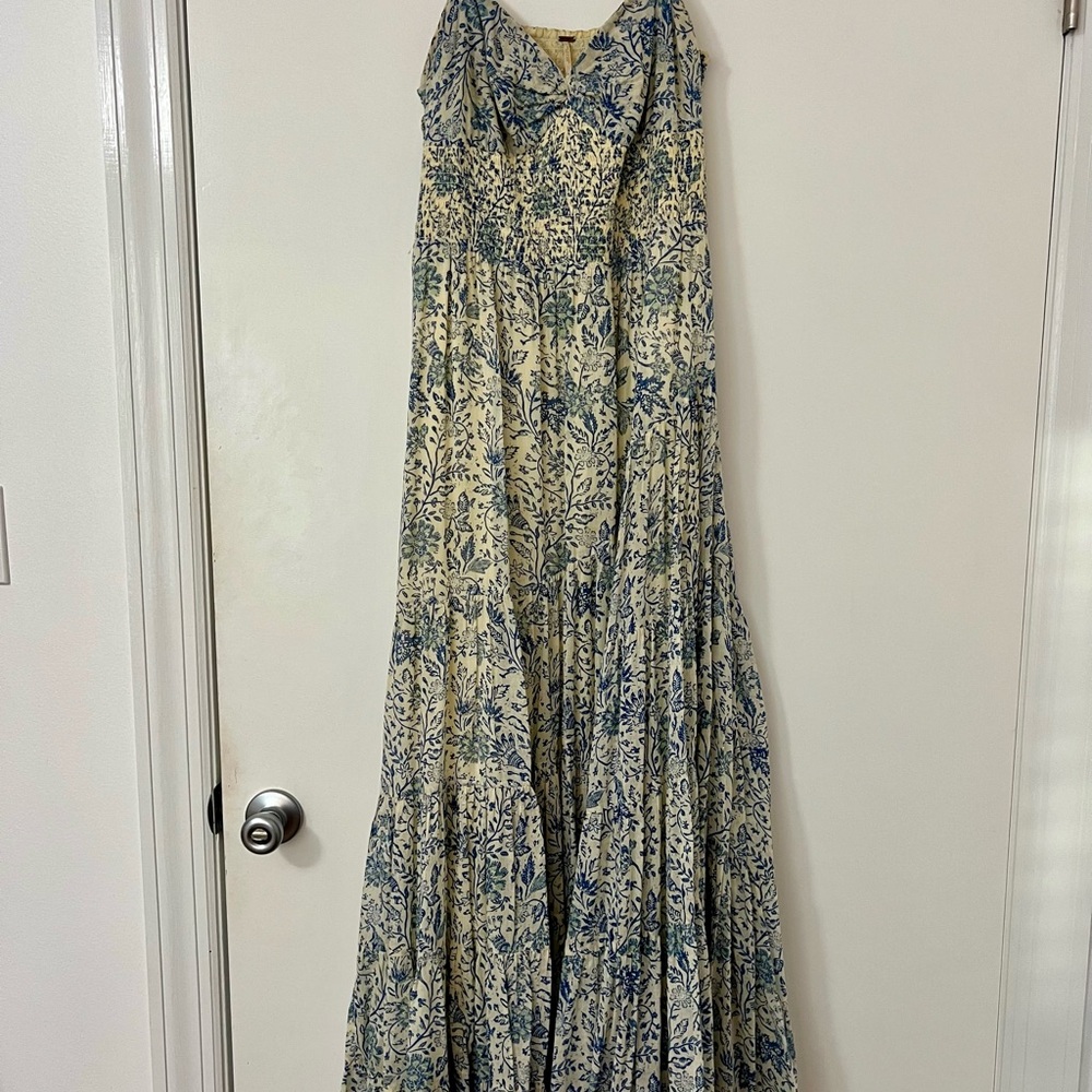 Free People Beige & Blue Flowy Maxi Sundress